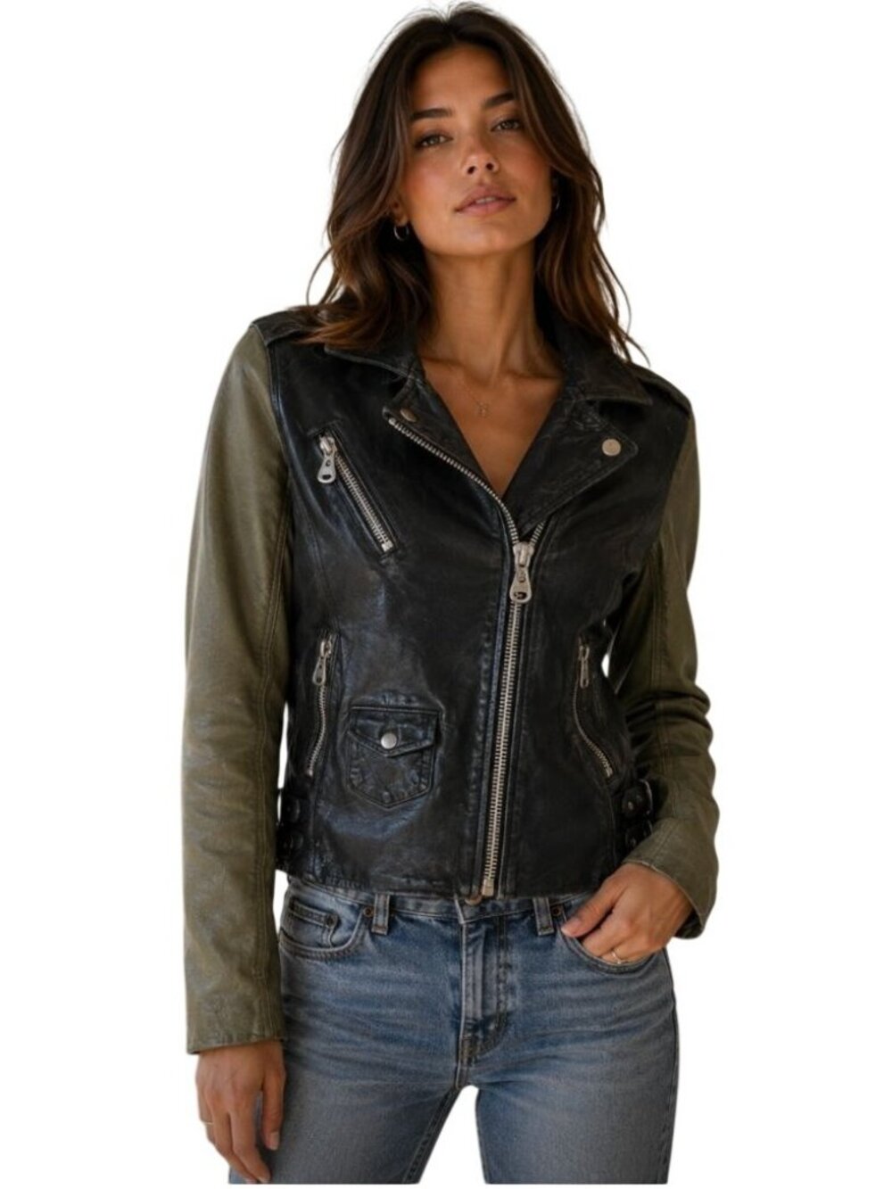 Doma Two Tone Leather Biker Jacket Black Green - Size XS
